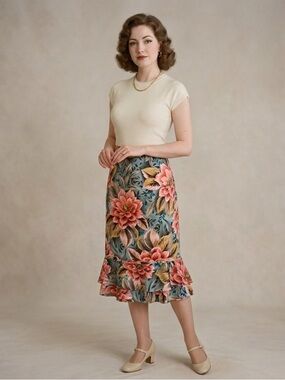 DD Collection Midi Skirt Floral 100% Silk Vintage